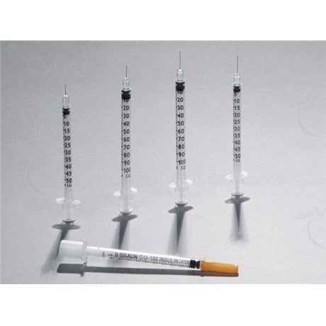 OMNICAN 100, Seringue à insuline 3 pièces de 1 ml, 100 UI/ml, aiguille sertie, sans latex. 12 mm x 0,30 mm (ref. 9151141) - 100