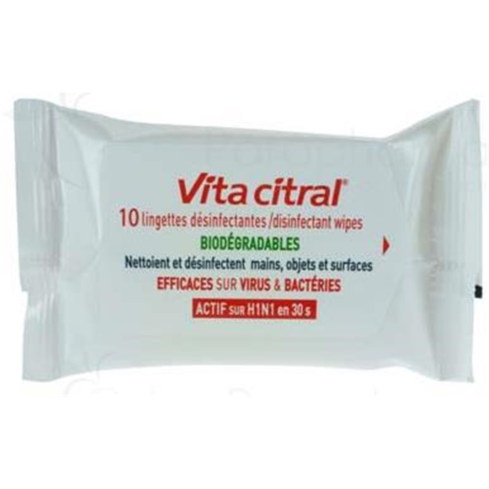 VITA CITRAL LINGETTES DÉSINFECTANTES, Lingette imprégnée nettoyante et désinfectante. sachet 10 VITA CITRAL LINGETTES DÉSINFECTANTES, Lingette imprégnée nettoyante et désinfectante. sachet 10