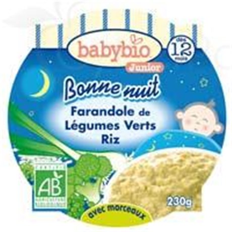BABYBIO JUNIOR PLATE GOOD NIGHT, Small flat medley of green vegetables rice. - Base 230 g