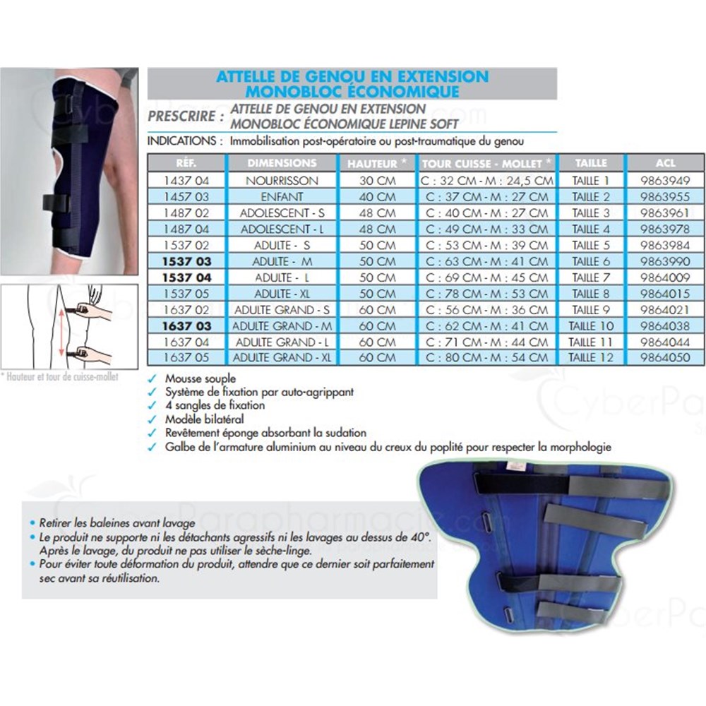 ATTELLE DE GENOU EN EXTENSION MONOBLOC éCONOMIQUE