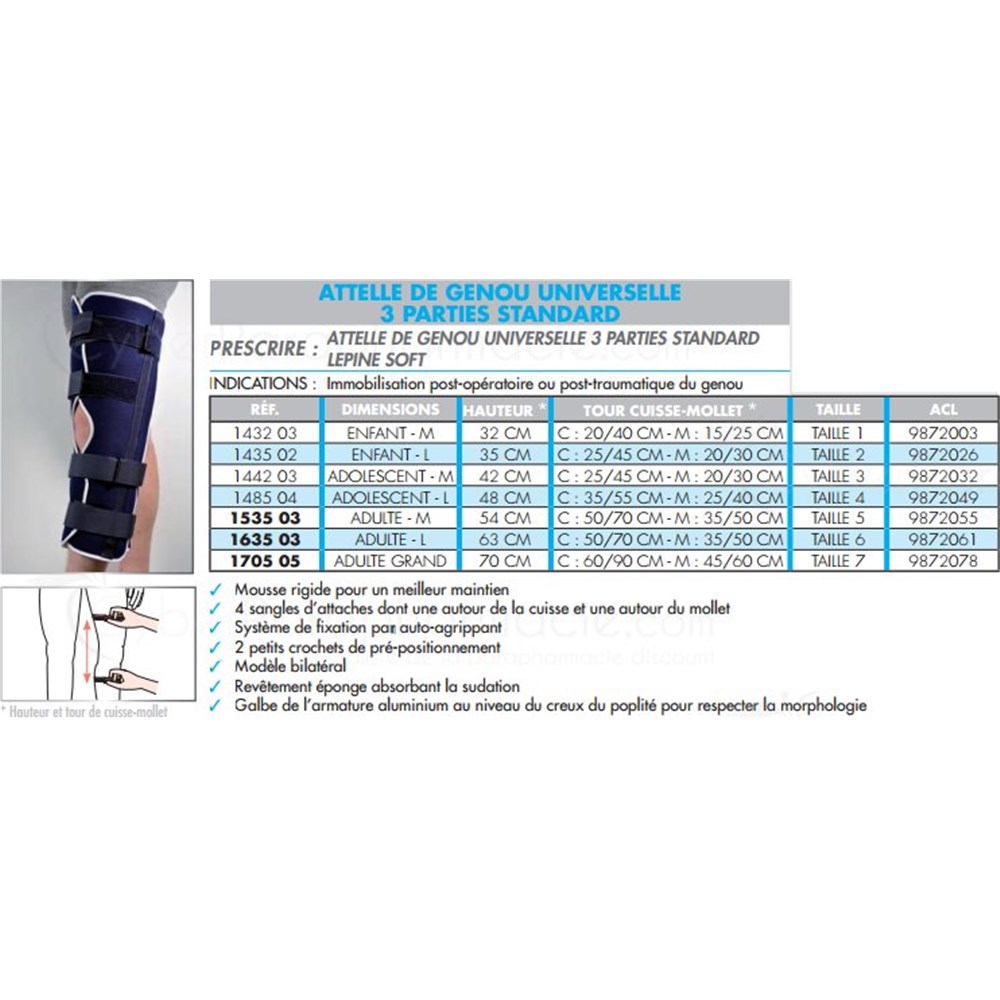 ATTELLE DE GENOU UNIVERSELLE 3 PARTIES STANDARD